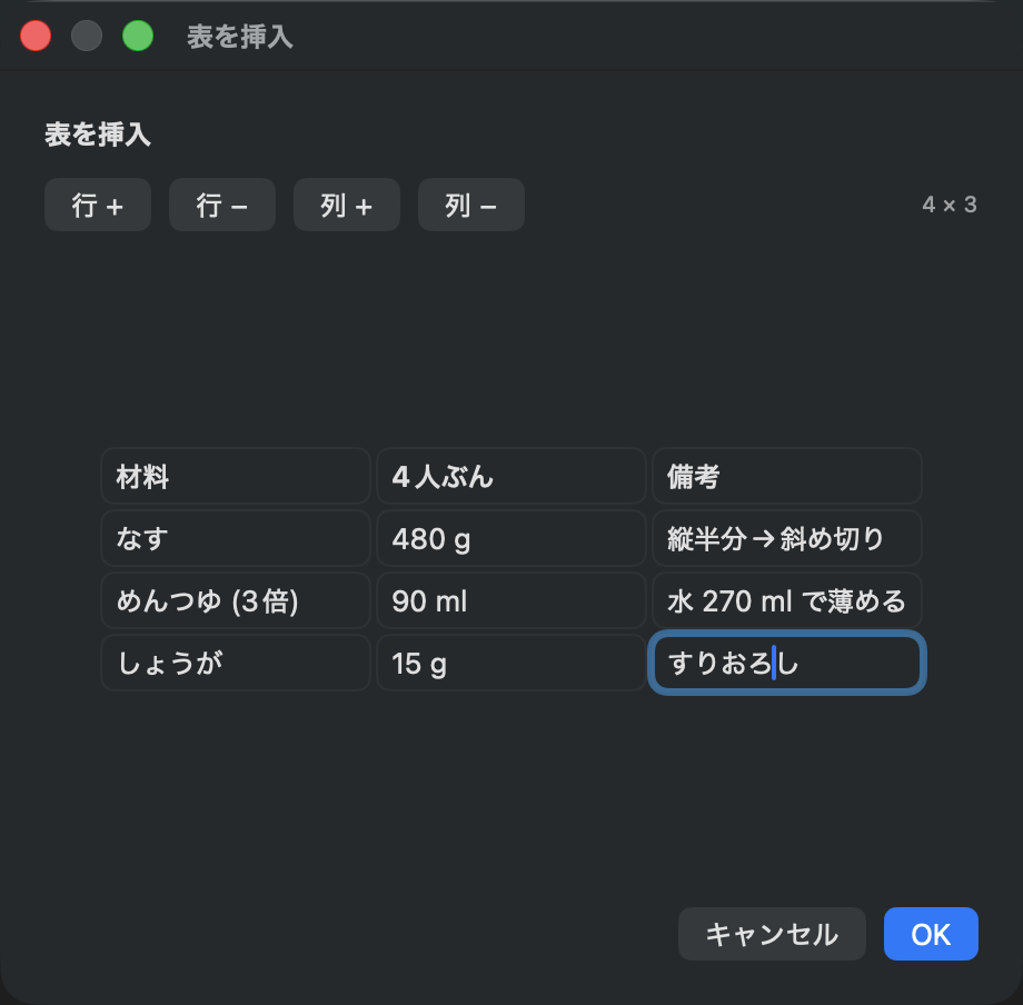表を挿入の窓。行と列を増減するボタン、いまの大きさ、見出し行、中身のセル、キャンセルと OK。